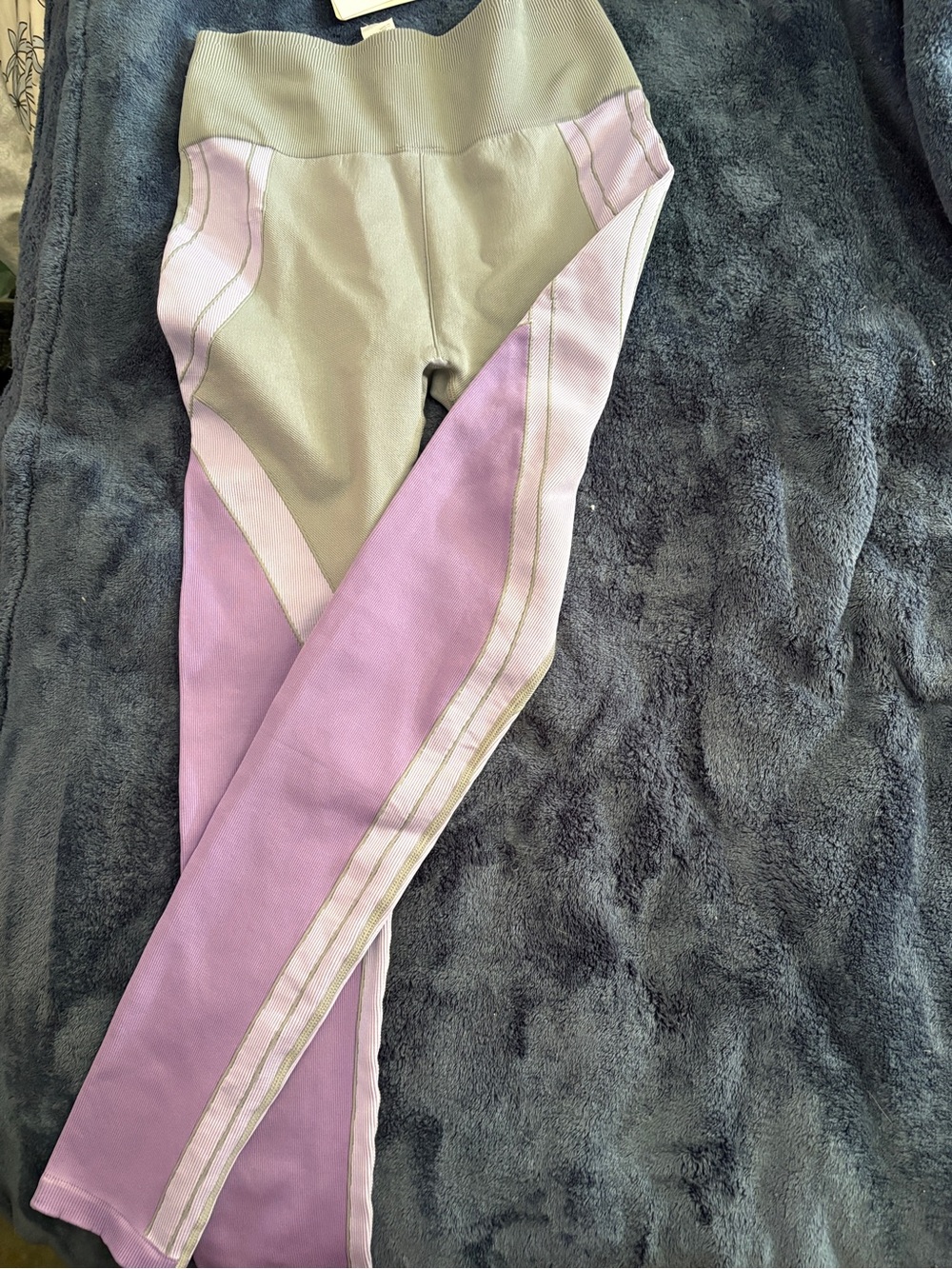 Fabletics Lavender and gray Colorblock Leggings with Contrast Stripes